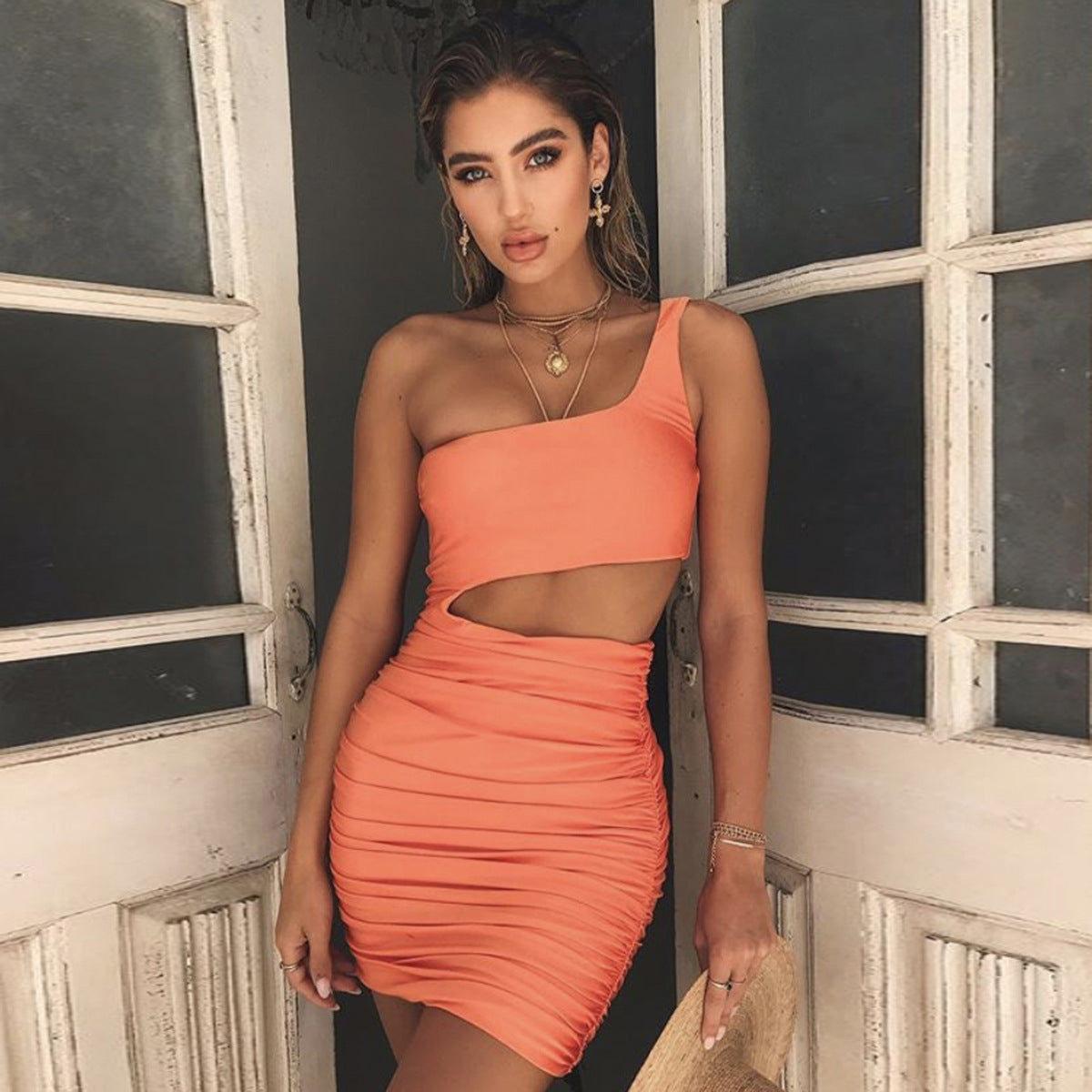 Sexy one shoulder cut out dress