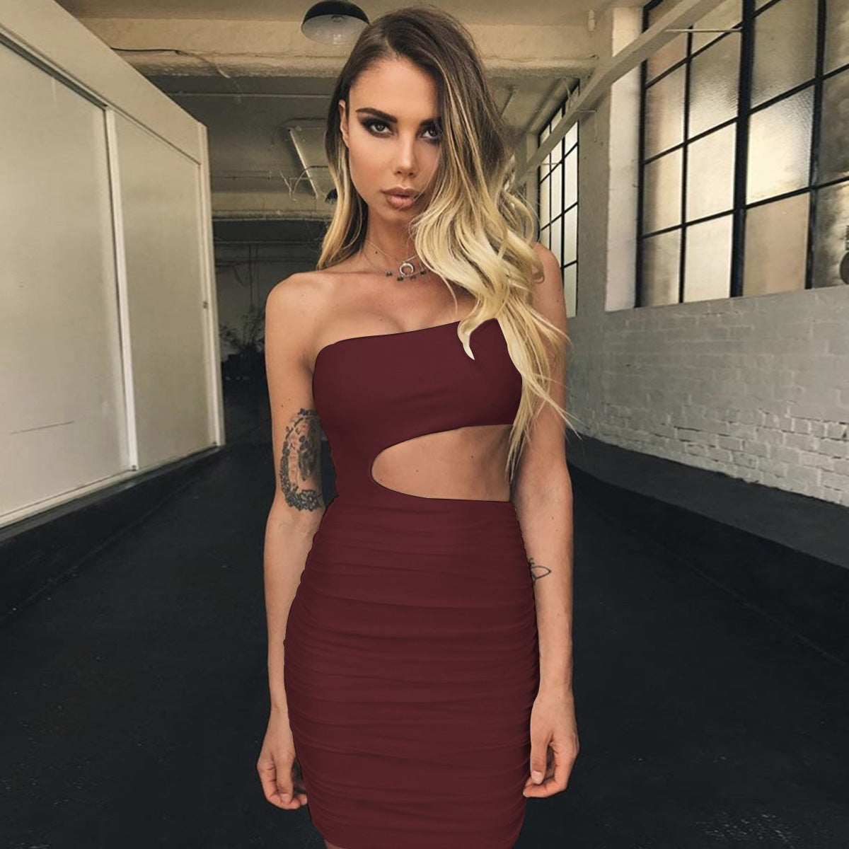 Sexy one shoulder cut out dress